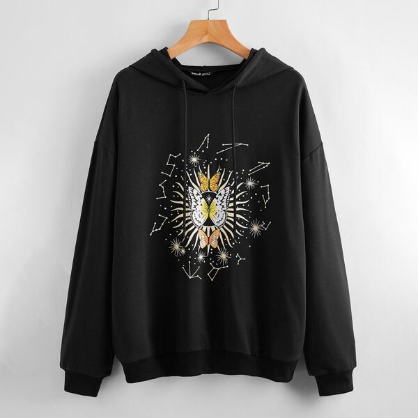 

Butterfly Print Drop Shoulder Drawstring Hoodie, Black