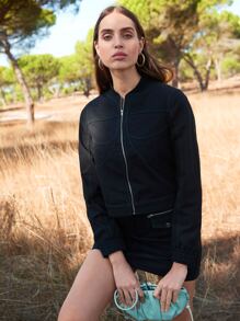 SHEIN EZwear Zipper Front Contrast Stitch Jacket & Flap Detail Skirt Set - Black - View 1