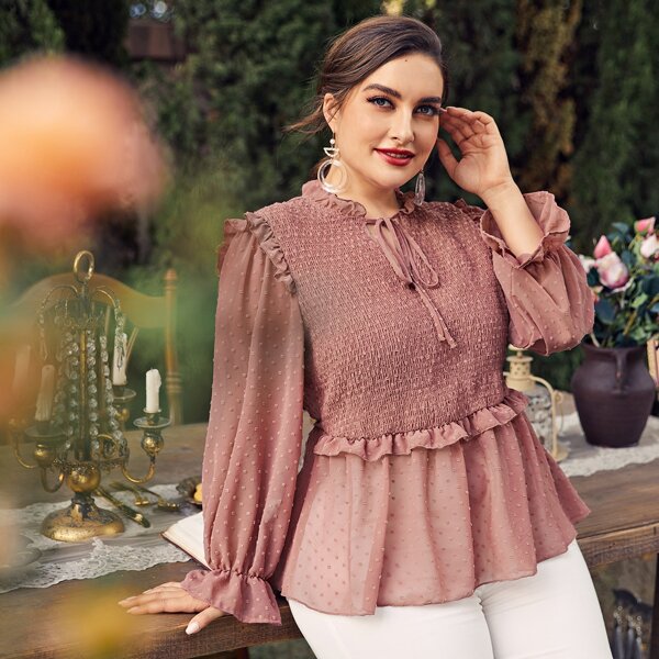 

Plus Chiffon Swiss Dot Babydoll Blouse, Dusty pink