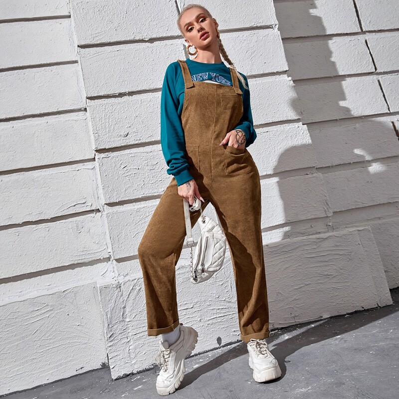 

Solid Dual Pocket Corduroy Suspender Jumpsuit, Brown