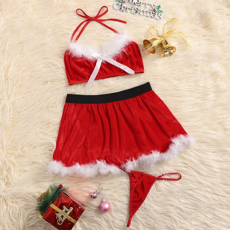 3pack Fuzzy Trim Christmas Lingerie Costume, Red