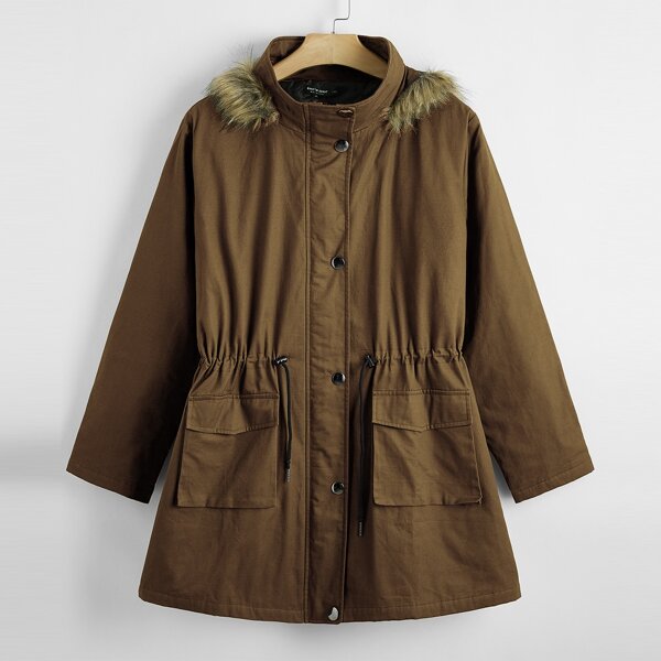 

Plus Drawstring Waist Button Through Hooded Parka Coat, Coffee brown