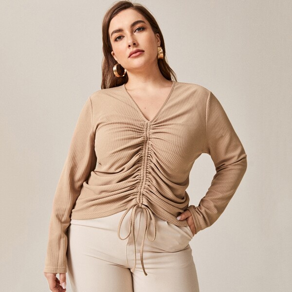 

Plus Rib-Knit Drawstring Tee, Apricot