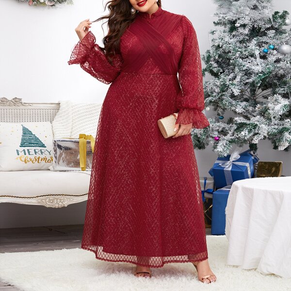 

Plus Mesh Crossover A-line Dress, Red