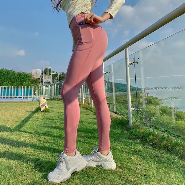 

High Waist Sports Leggings With Phone Pocket, Dusty pink