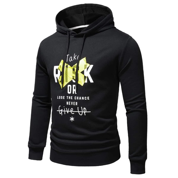 

Men Slogan Graphic Drawstring Hoodie, Black