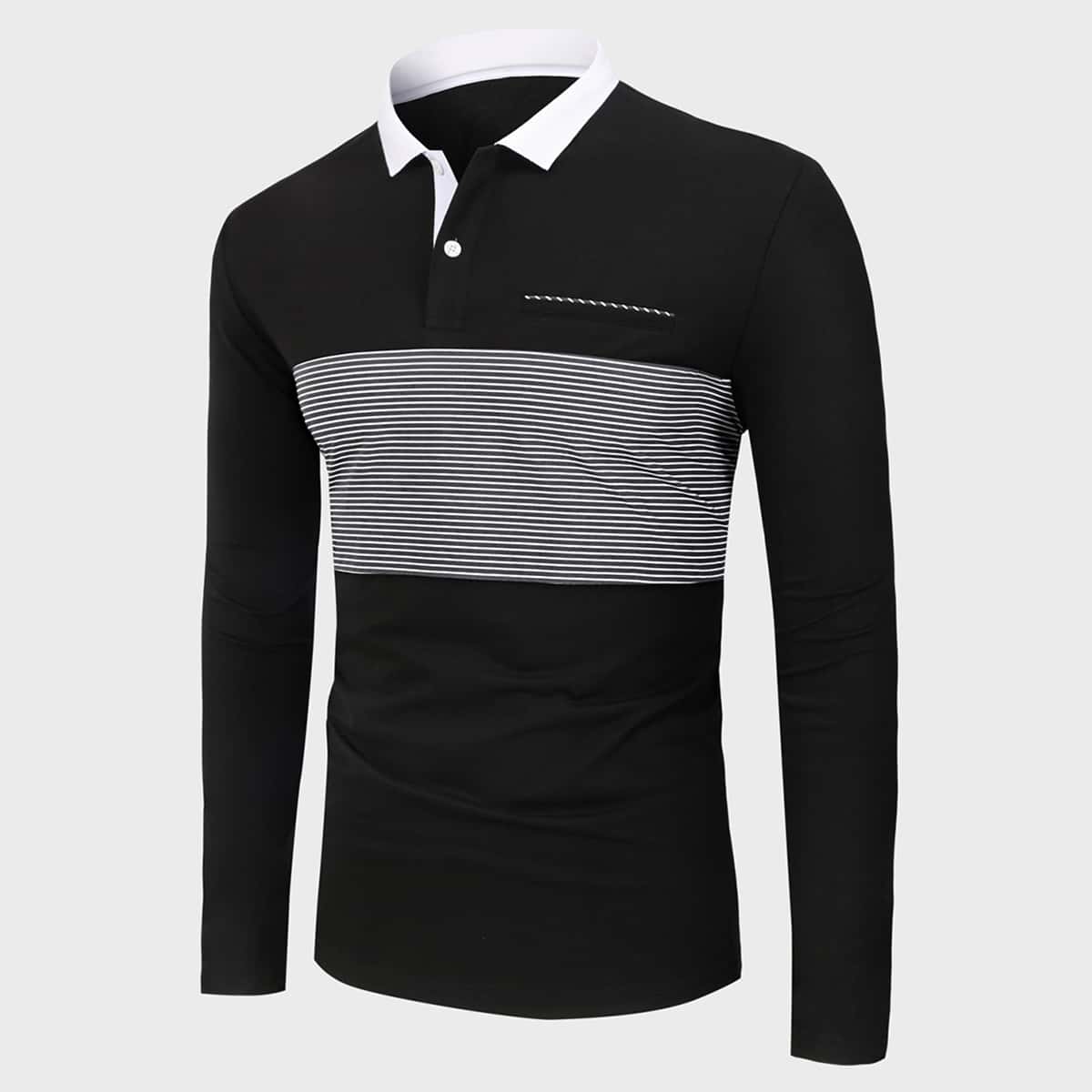 

Men Striped Print Contrast Collar Polo Shirt, Black