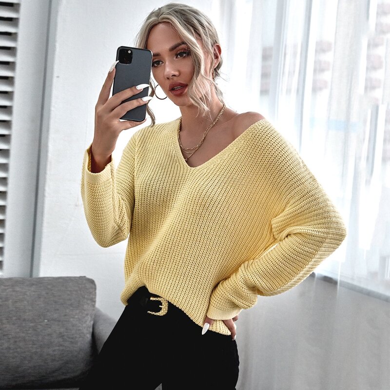 

V Neck Drop Shoulder Sweater, Yellow pastel