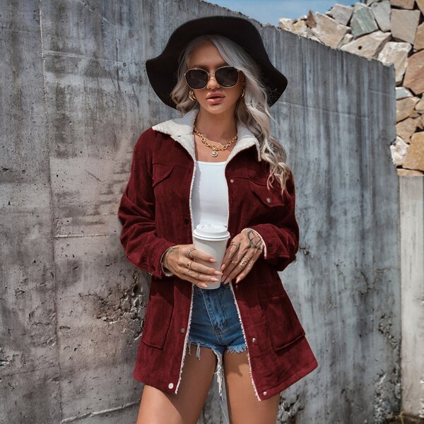

Corduroy Dual Pockets Teddy Lined Coat, Burgundy