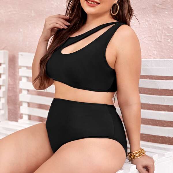 

Plus Cut-out High Waisted Bikini Swimsuit, Black
