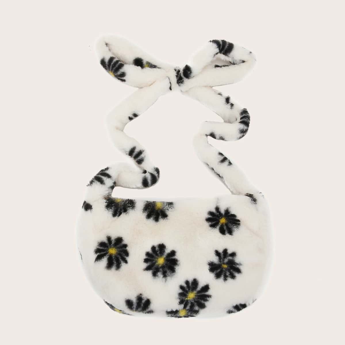 

Floral Faux Fur Crossbody Bag, White
