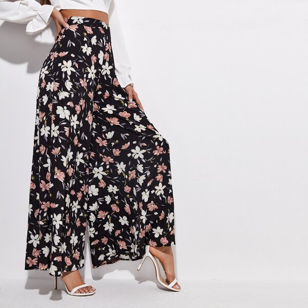 

High Waist Floral Print Wide Leg Pants, Multicolor