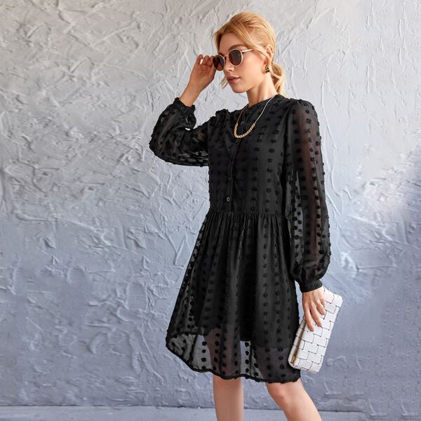

Button Front Lantern Sleeve Swiss Dot Smock Dress, Black