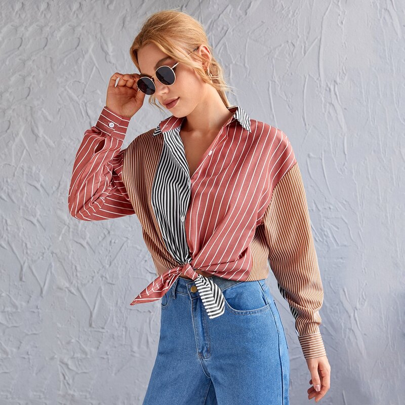 

Colorblock Striped Oversized Longline Blouse, Multicolor