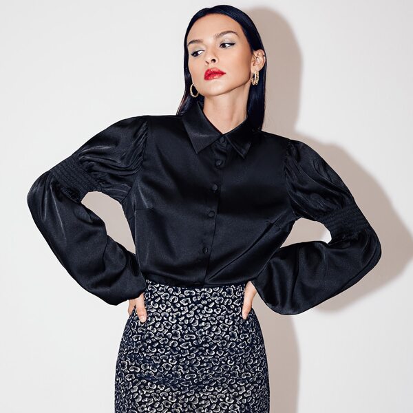 

Collared Shirred Detail Satin Blouse, Black