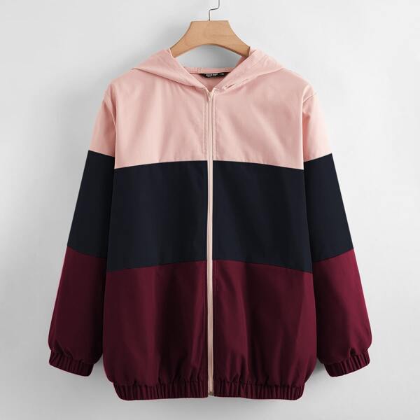 

Plus Color-block Zip-up Hooded Sports Jacket, Multicolor