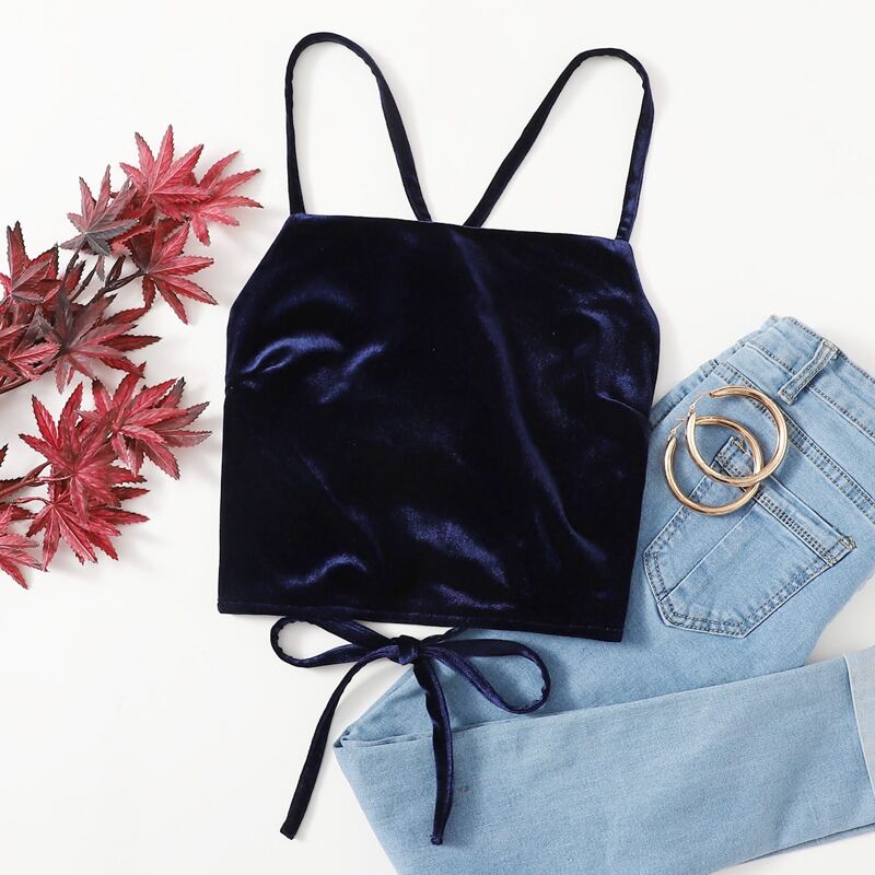 

Velvet Solid Tie Back Crop Cami, Navy blue
