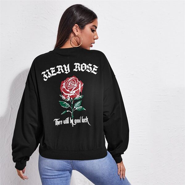 

Floral and Slogan Graphic Drop Shoulder Pullover, Black