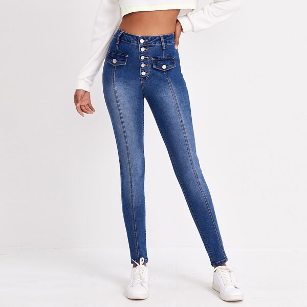 

High Stretch Button Waist Skinny Jeans, Medium wash