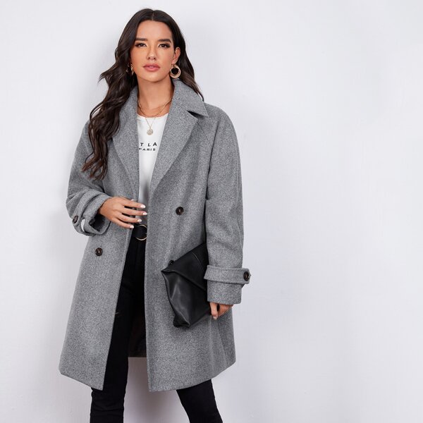 

Notch Collar Buckle Strap Raglan Sleeve Pea Overcoat, Grey