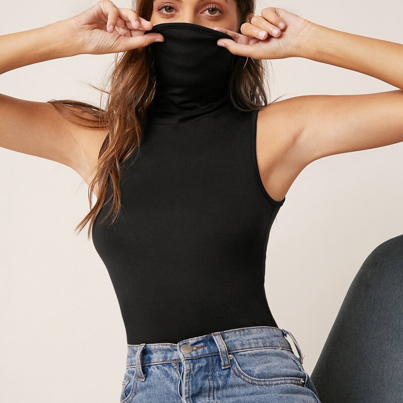 

Mask Turtleneck Form Fitted Tank Top, Black