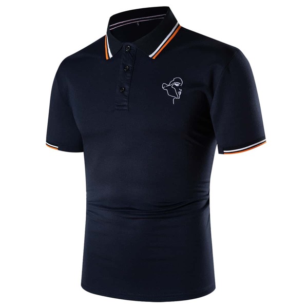 

Men Figure Embroidered Striped Polo Shirt, Navy blue