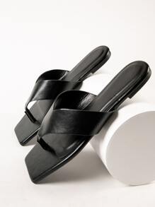 人造皮革鞋頭T字帶涼拖 - 黑色 - 查看 4