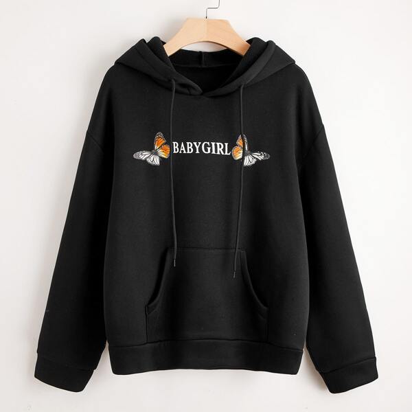 

Butterfly & Letter Graphic Kangaroo Pocket Drawstring Hoodie, Black