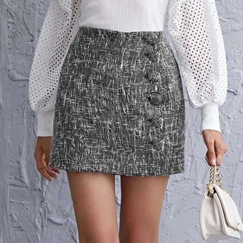 

Button Front Tweed Skirt, Grey