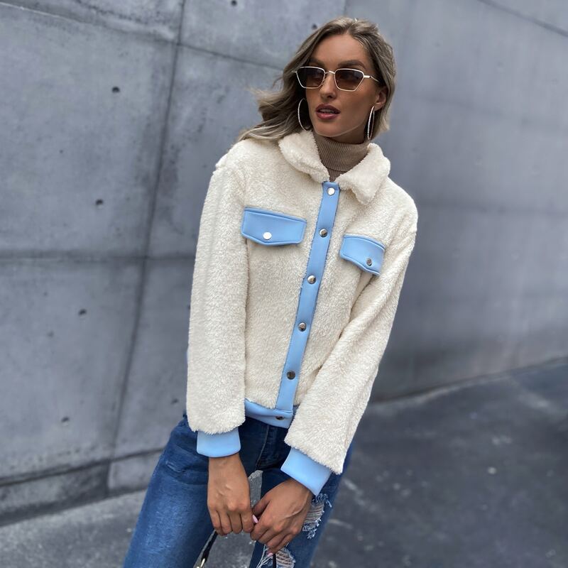 

Drop Shoulder Button Front Colorblock Teddy Jacket, Apricot