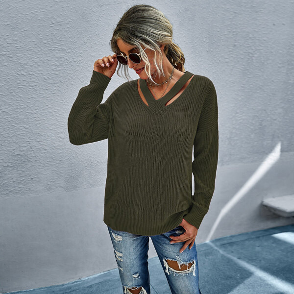 

Cut Out Drop Shoulder Sweater, Army green