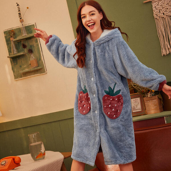 

Strawberry Pocket Flannel Hooded Robe, Dusty blue
