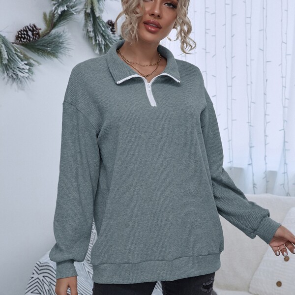 

Drop Shoulder Half Zip Longline Pullover, Grey