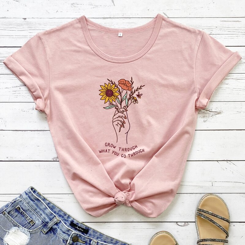 

Floral & Slogan Graphic Tee, Baby pink