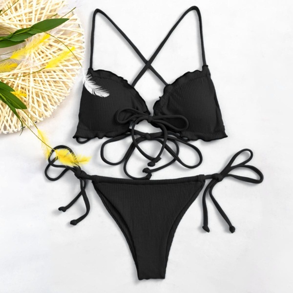 

Rib Lettuce Trim Tie Side Bikini Swimsuit, Black