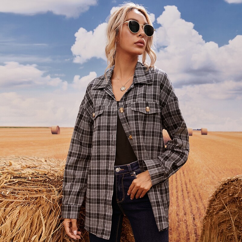

Plaid Print Single Breasted Drop Shoulder Blouse, Grey