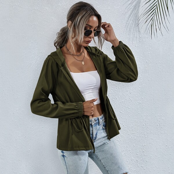 

Drawstring Waist Solid Hooded Jacket, Army green