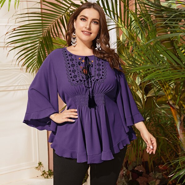 

Plus Fringe Tie Front Shirred Floral Peplum Blouse, Purple