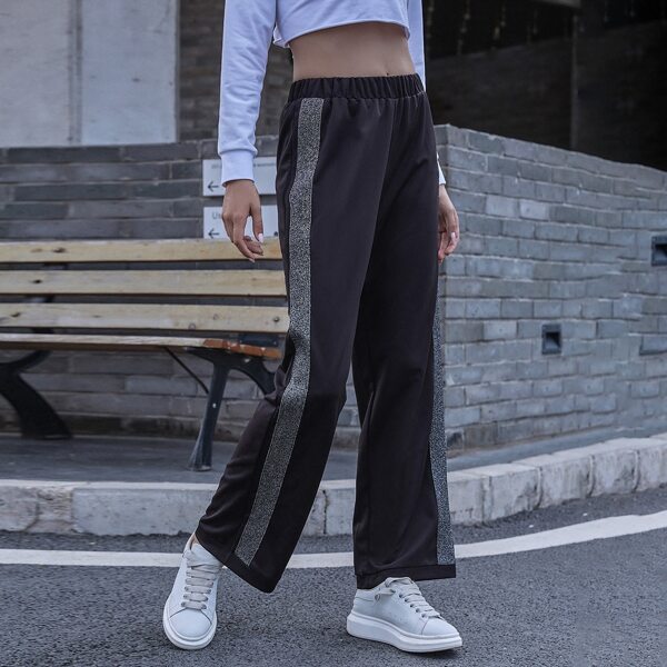 

Glitter Panel Elastic Waist Wide Leg Pants, Black