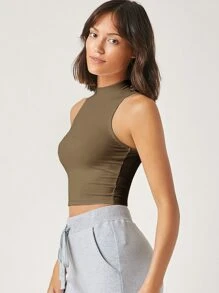 SHEIN BASICS Tank top corto de cuello alto - Marrón Mocha - Ver 3