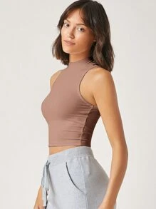 SHEIN BASICS Mock Neck Solid Tank Crop Top, Going Out Top - Dusty Pink - View 3