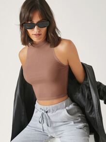 SHEIN BASICS Mock Neck Solid Tank Crop Top, Going Out Top - Dusty Pink - View 4