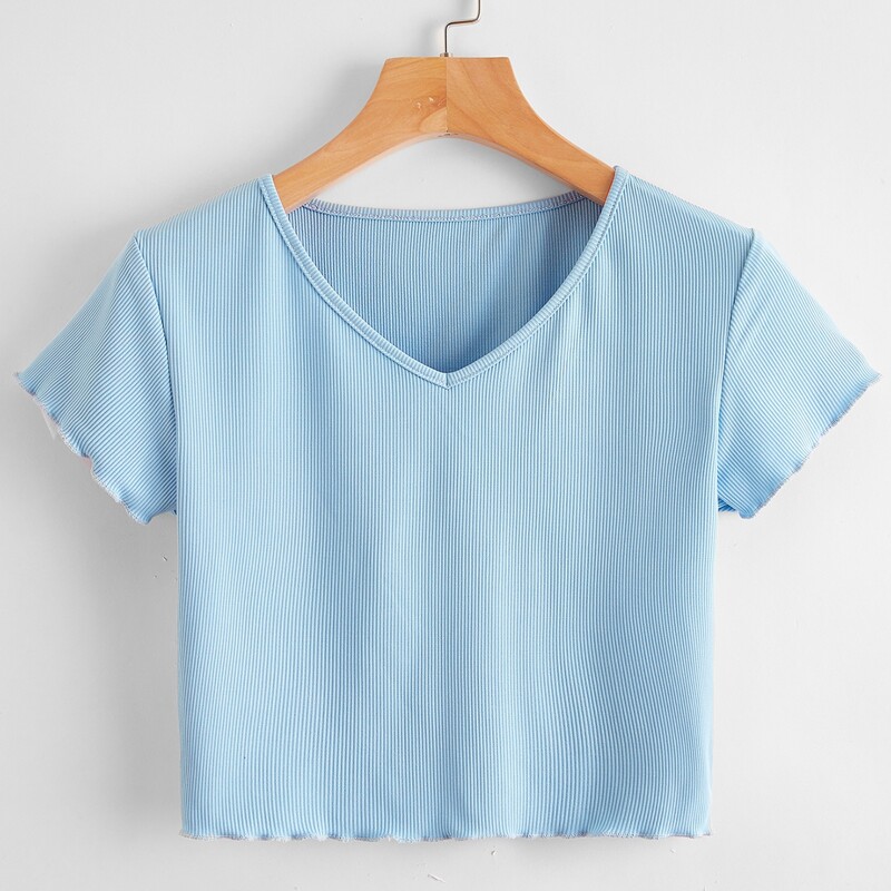 

V Neck Lettuce Trim Tee, Baby blue