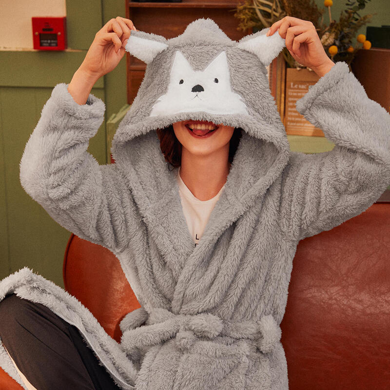 

3D Ear Hooded Flannel Belted Robe, Grey