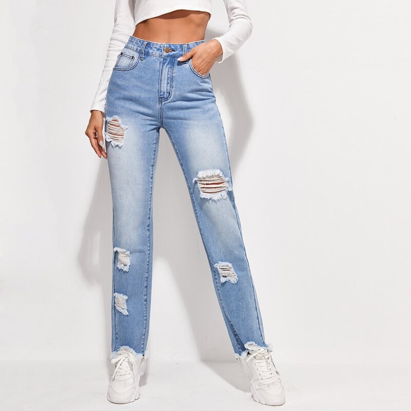

High Waist Slant Pocket Ripped Straight Jeans, Light wash