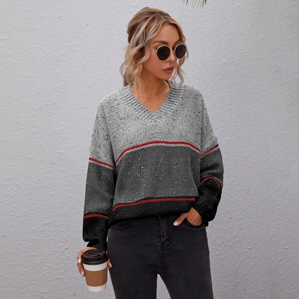 

Drop Shoulder Striped Colorblock Sweater, Multicolor