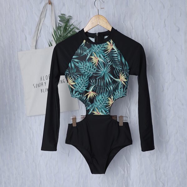 

Tropical Cut-out Side One Piece Swimsuit, Multicolor