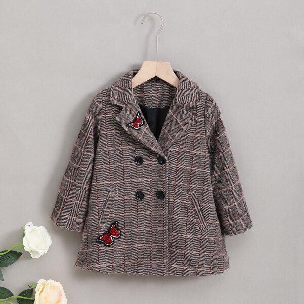 

Toddler Girls Butterfly Patched Double Breasted Plaid Overcoat, Brown