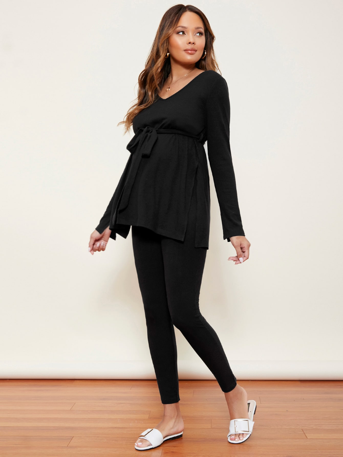 Maternity V-neck Rib-knit Belted Top & Pants PJ Set thumbnail