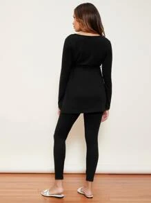 SHEIN Maternidad conjunto de pijama top con cinturón tejido de canalé escote V con pantalones - Negro - Ver 2